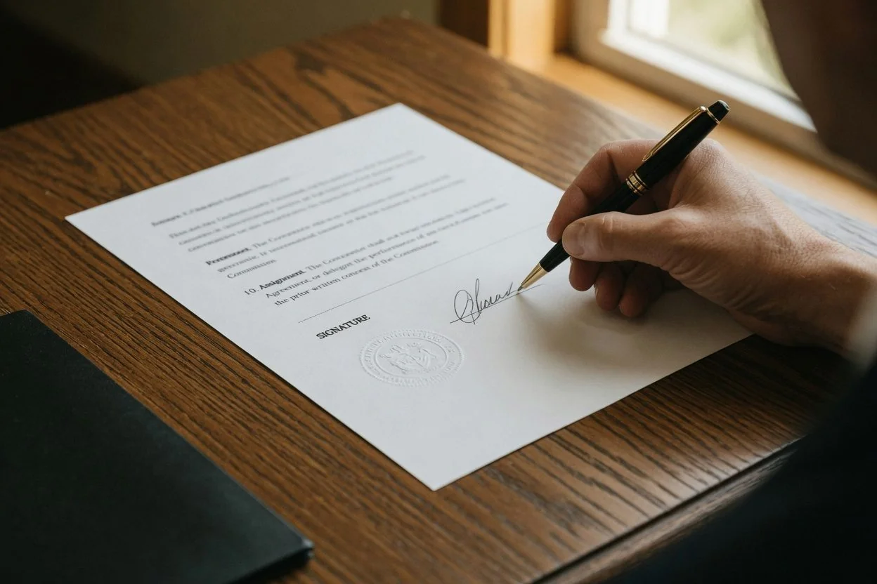 A witness preparing to sign Form 74.8 affidavit of execution while a notary explains the jurat across a wooden desk in Ottawa