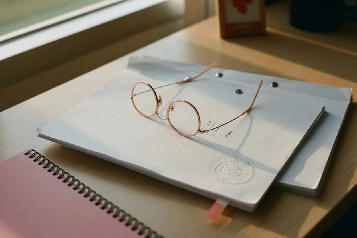 Reading glasses resting on a stack of estate documents — careful review at the boundary of notary and lawyer work