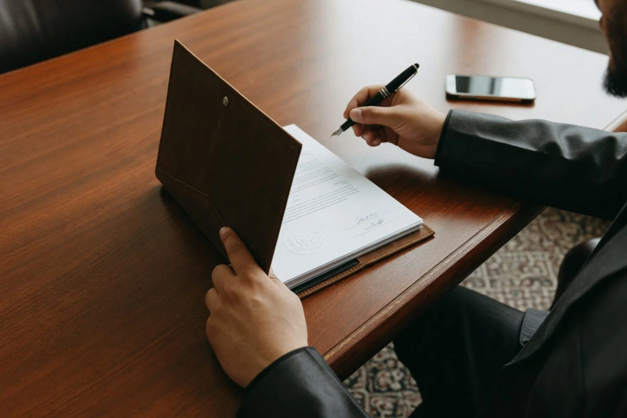 A leather-bound will, eyeglasses and a notary seal on a wooden desk in an Ottawa office, ready for an affidavit of execution appointment