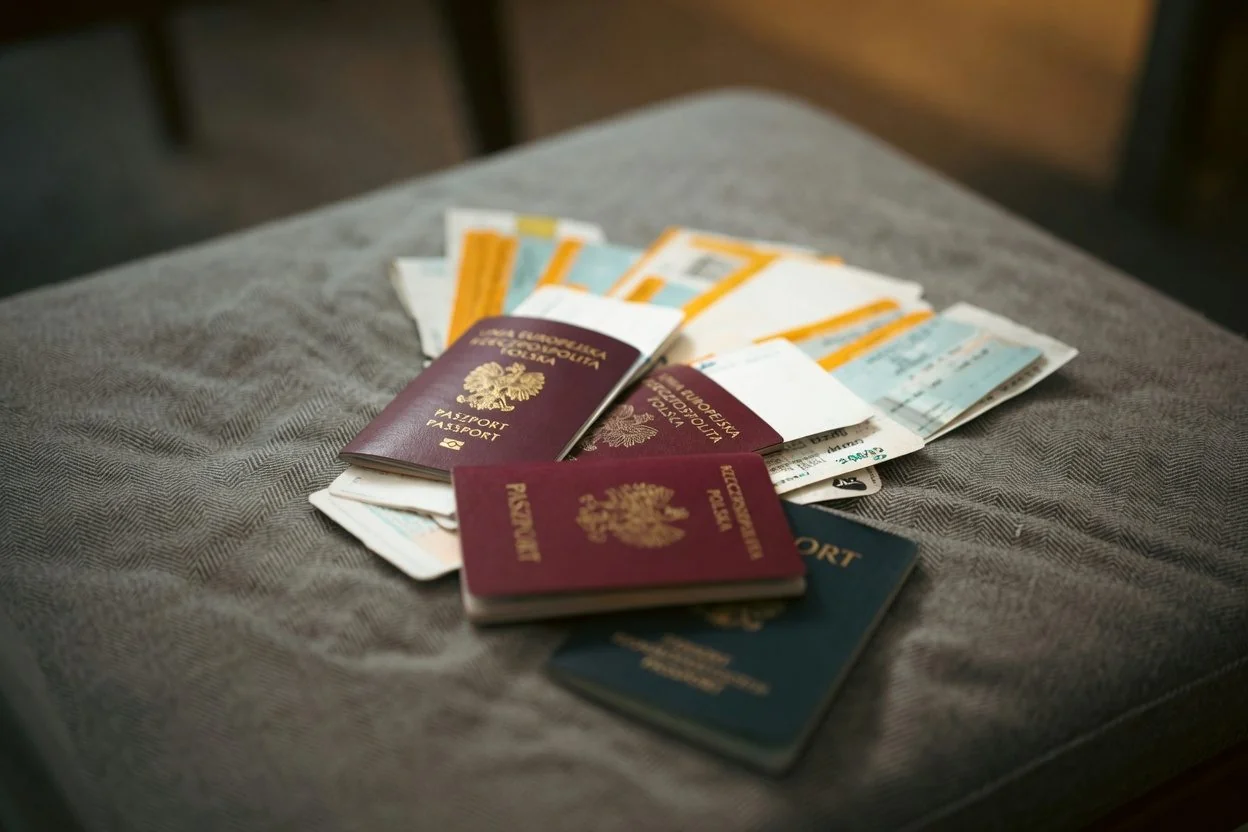 A notary's seal pressed onto a sworn affidavit beside a Canadian passport and a destination-country folder, illustrating when an apostille is the right answer for international documents