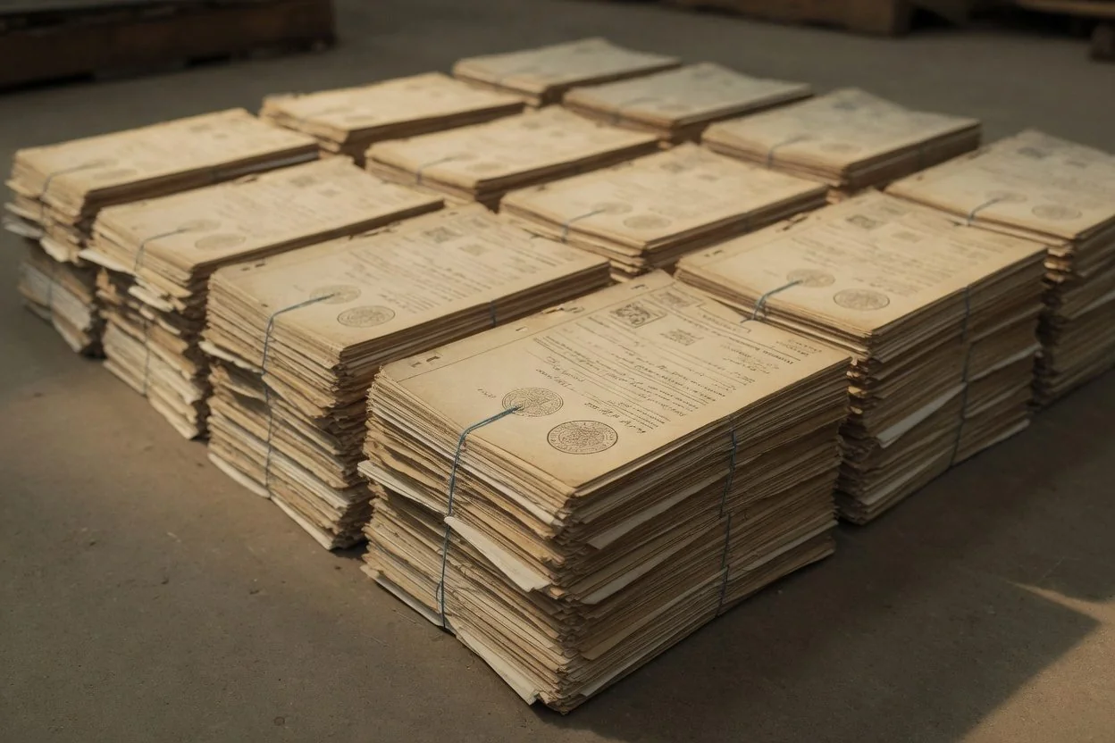 A stack of typical apostille files — Ontario birth certificate, RCMP check, notarized degree, sworn affidavit, and translator's affidavit — in an Ottawa notary office, illustrating where each document goes for authentication