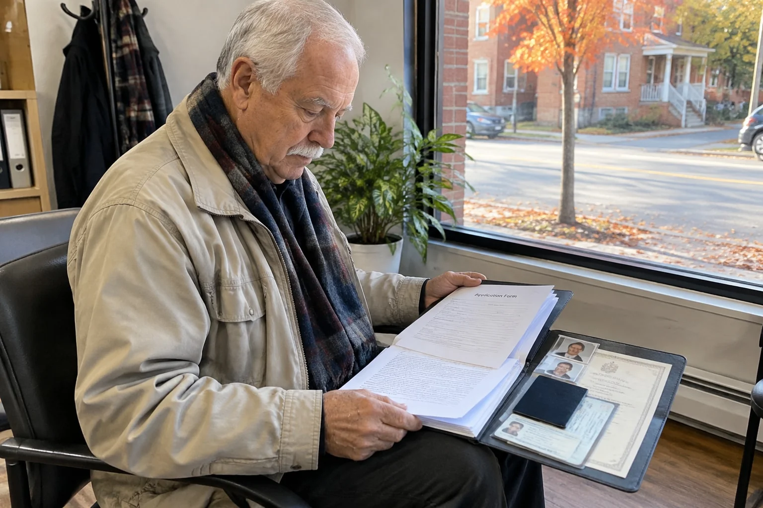 An applicant checks his PPTC 132 file before the appointment: unsigned form, application, photos and ID