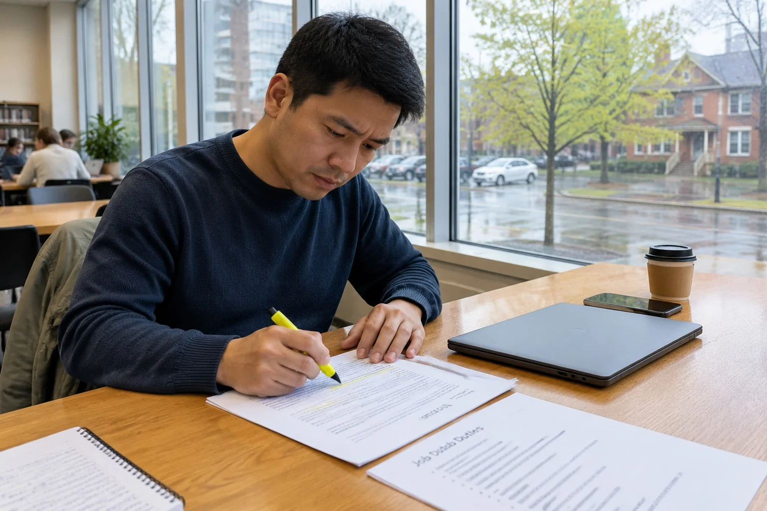 Applicant checks an employer reference letter against his job duties, a common Express Entry mistake
