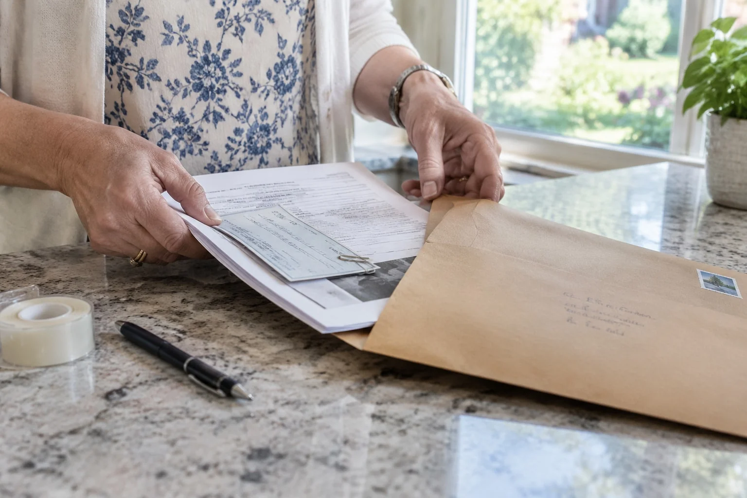 Applicant seals the completed name change package into an envelope for mailing