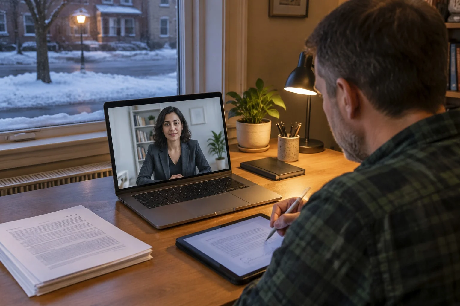 Over the shoulder of a man at his home desk on a winter evening, signing on screen while the notary watches on the video call, the printed application pages stacked beside the laptop