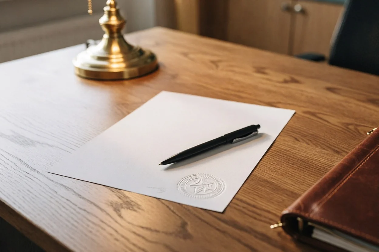 A signed agreement with a dry-embossed notary seal on a desk, illustrating what notarization does and does not prove about a legally binding document