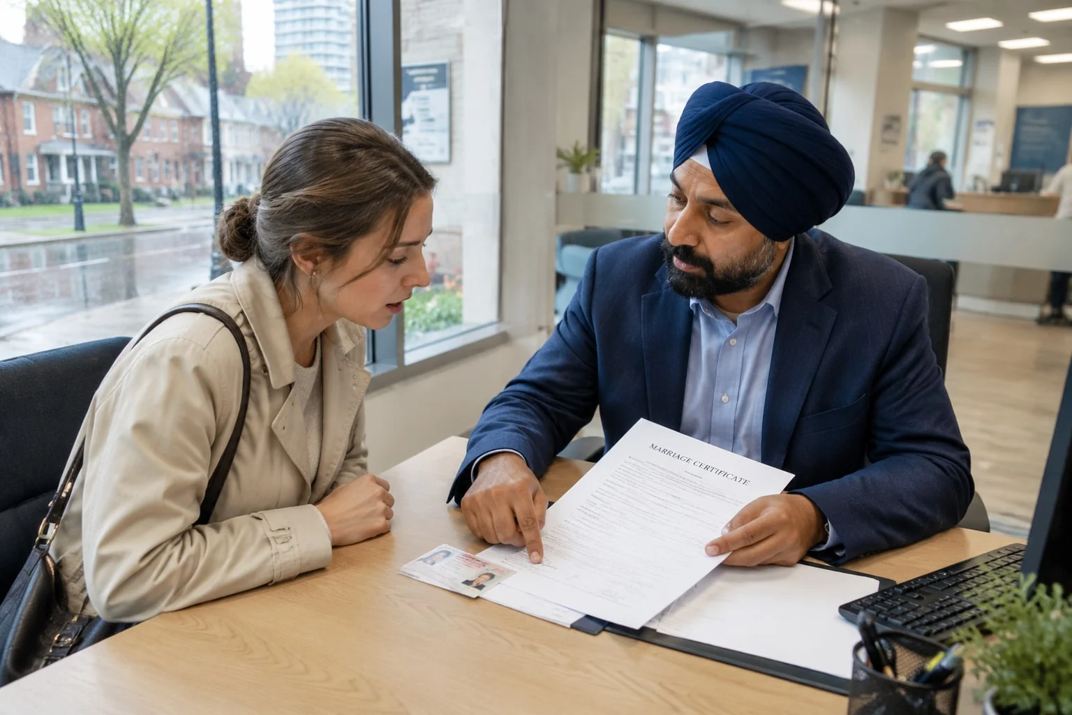 Bank advisor points out a misspelled name on a client's marriage certificate, a registration error to correct