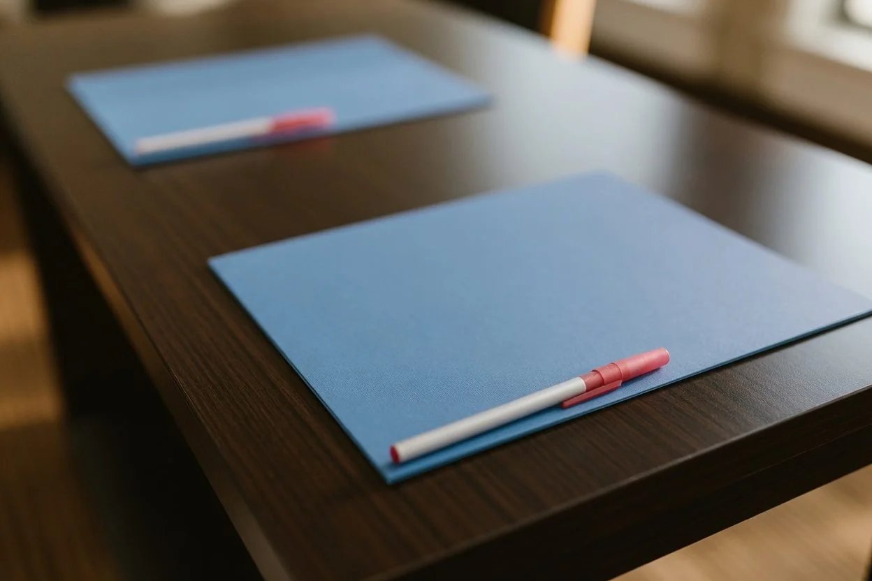 Closed folder of legal documents resting on a hospital bedside table, calm warm light