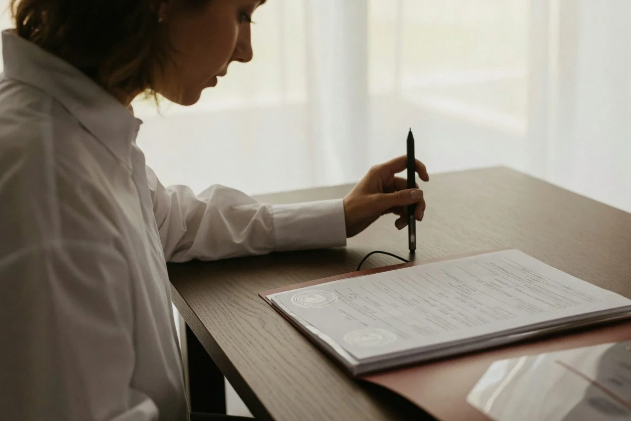 Lawyer reviewing documents in a quiet office before a bedside visit, soft daylight