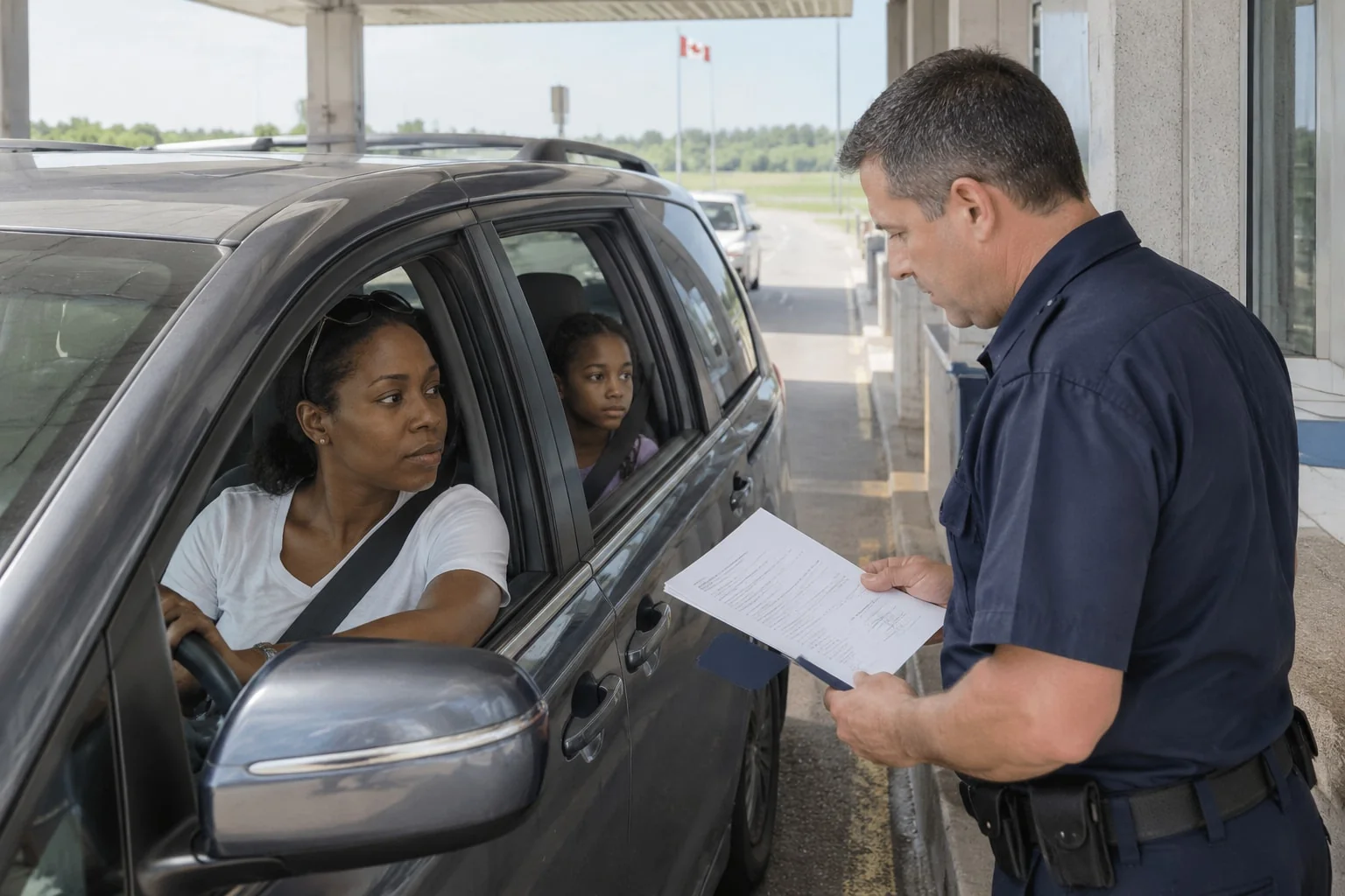Border officer reading a notarized travel consent letter as a mother and her daughter cross a land border in summer