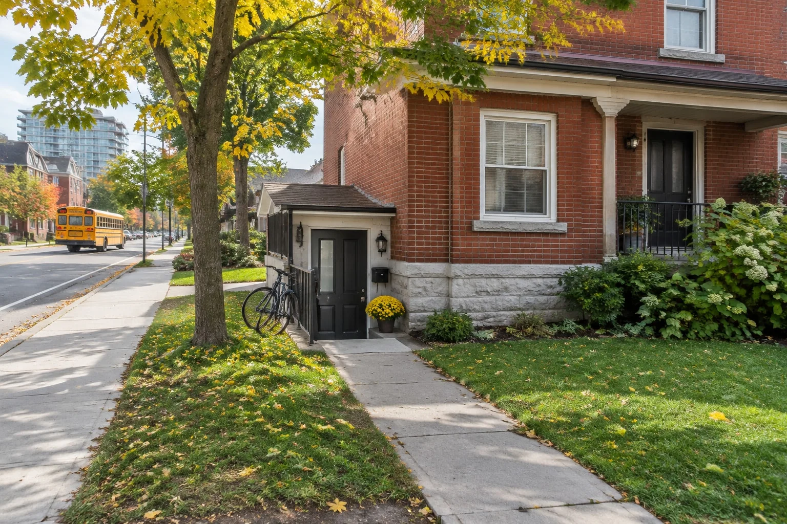 A red-brick house with a side door to its basement apartment, the address a residency declaration swears to