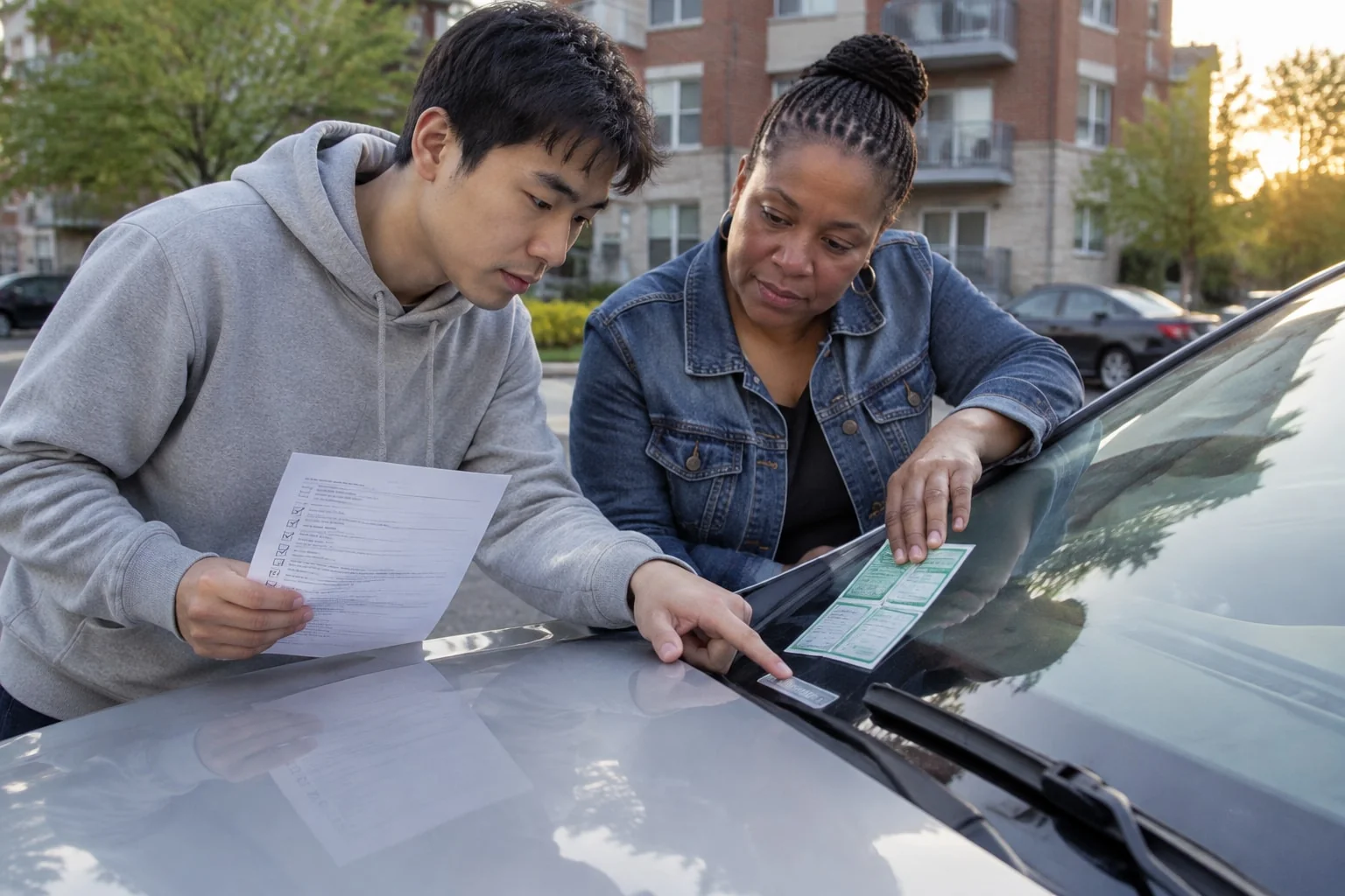 Buyer and seller compare the VIN on a used car's windshield with the vehicle permit while the buyer holds a printed checklist