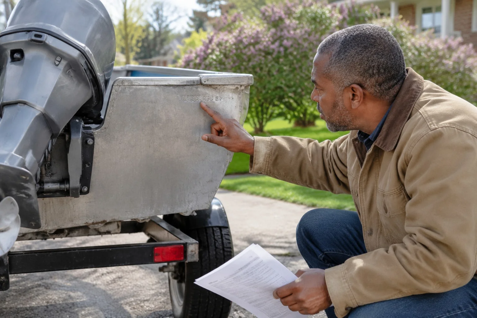 Buyer crouches at the stern of a used aluminum boat and reads the hull serial number on the transom while holding the seller's papers