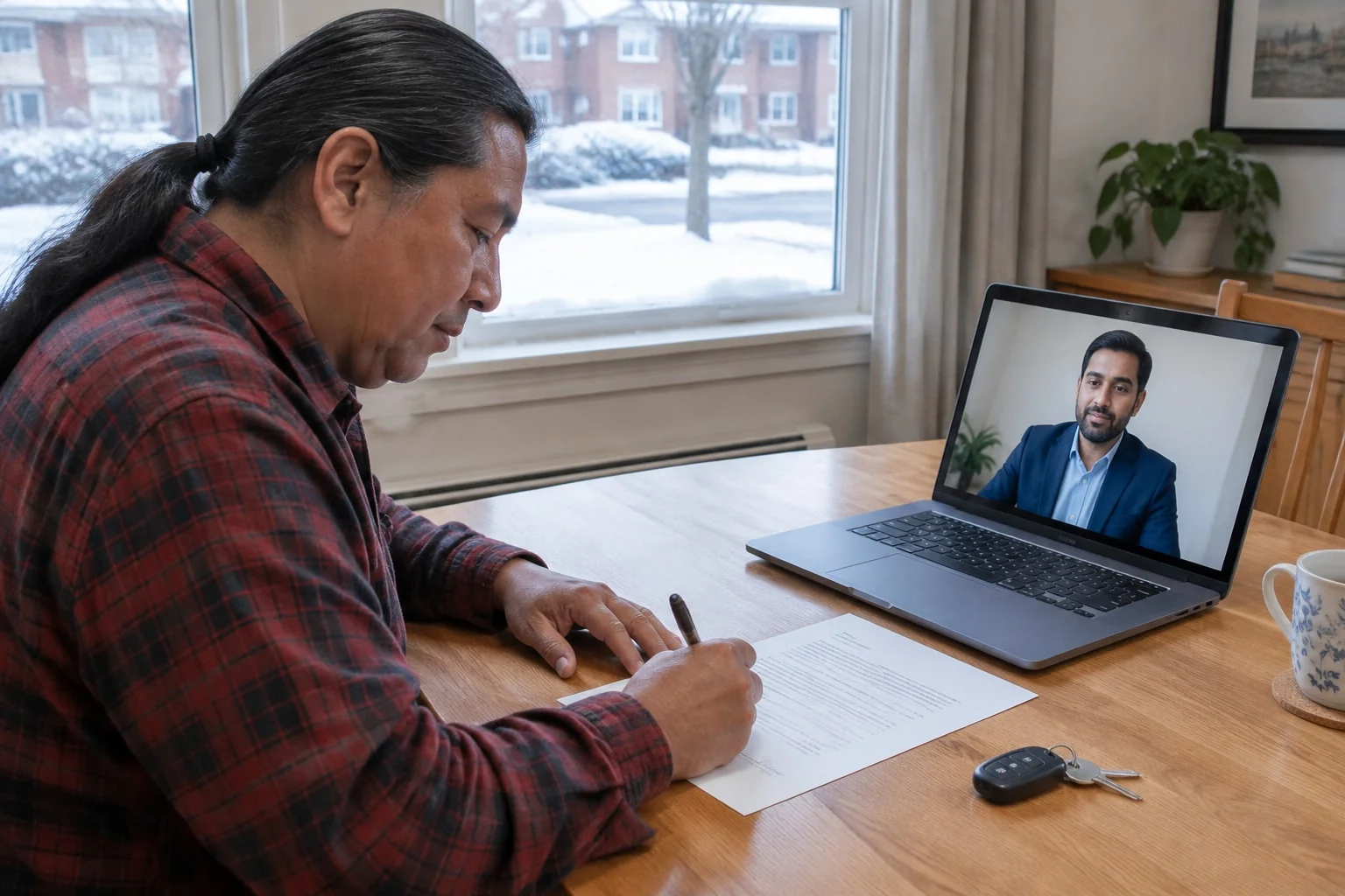 A man signs a one-page letter at his kitchen table while a notary watches on a laptop video call