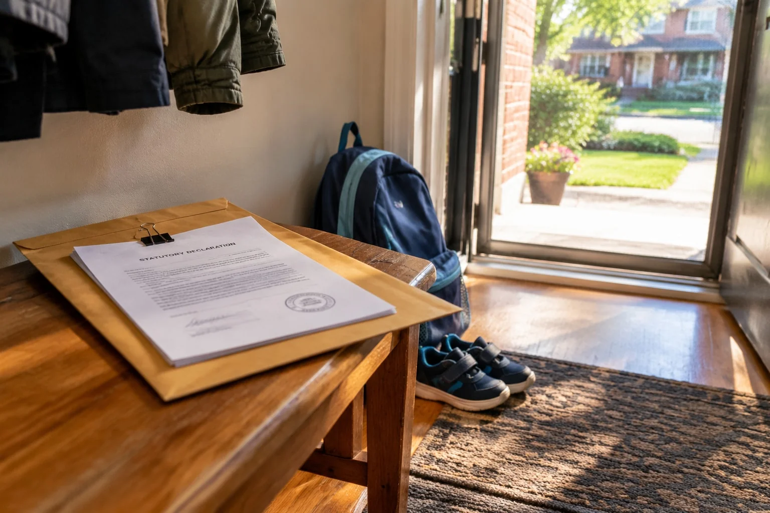 The commissioned name-change declaration on a front-hall bench beside a child's backpack and sneakers, ready to mail