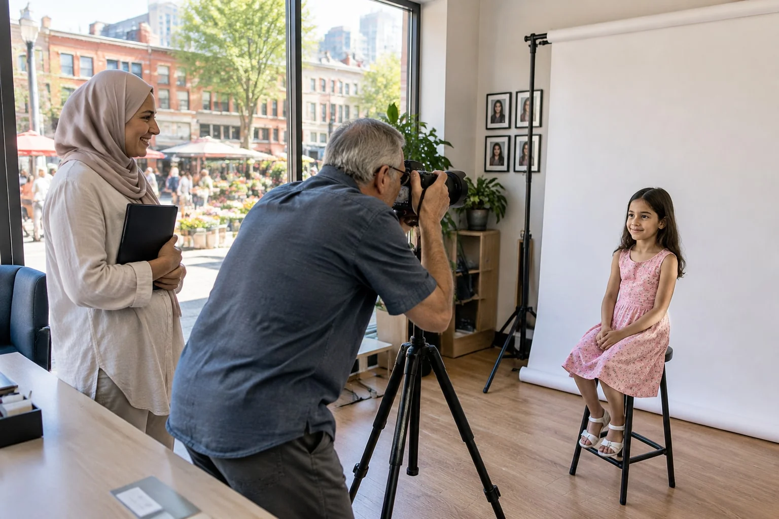 A newcomer mother watches her daughter's passport photo being taken at a ByWard Market photo shop