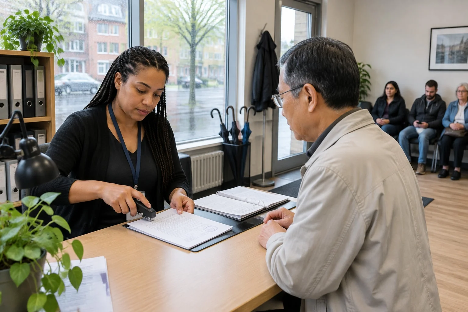 Clerk attaches an authentication certificate to a notarized document after checking the notary's seal against a specimen