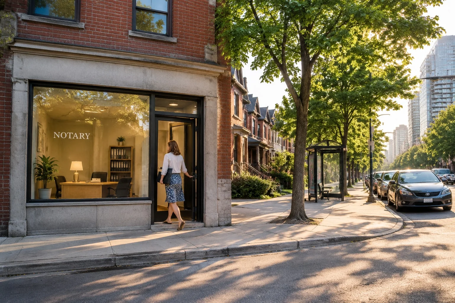 Client arriving at a small street-level notary office on a summer evening for everyday paperwork