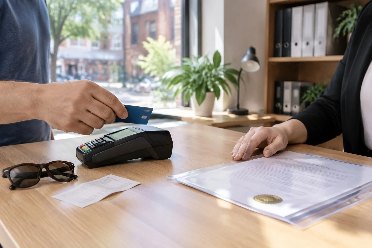 Client paying the per-stamp notarization fee, the first cost for a document going overseas