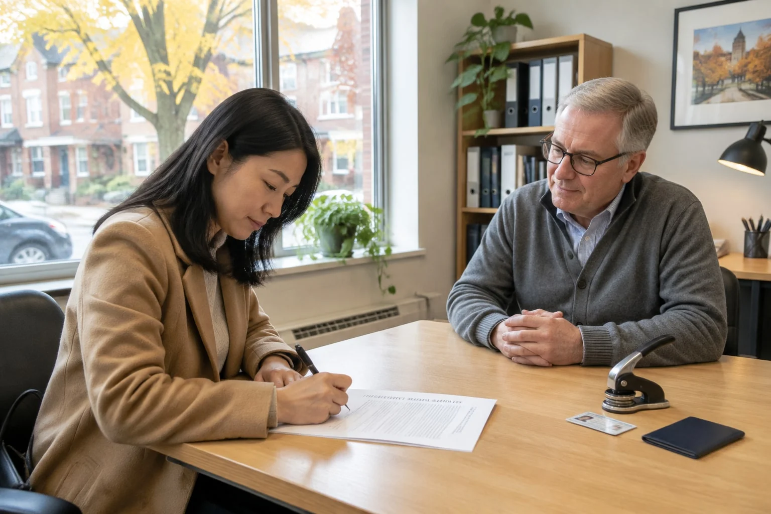 Client signing a common-law statutory declaration at a notary's desk while the notary watches