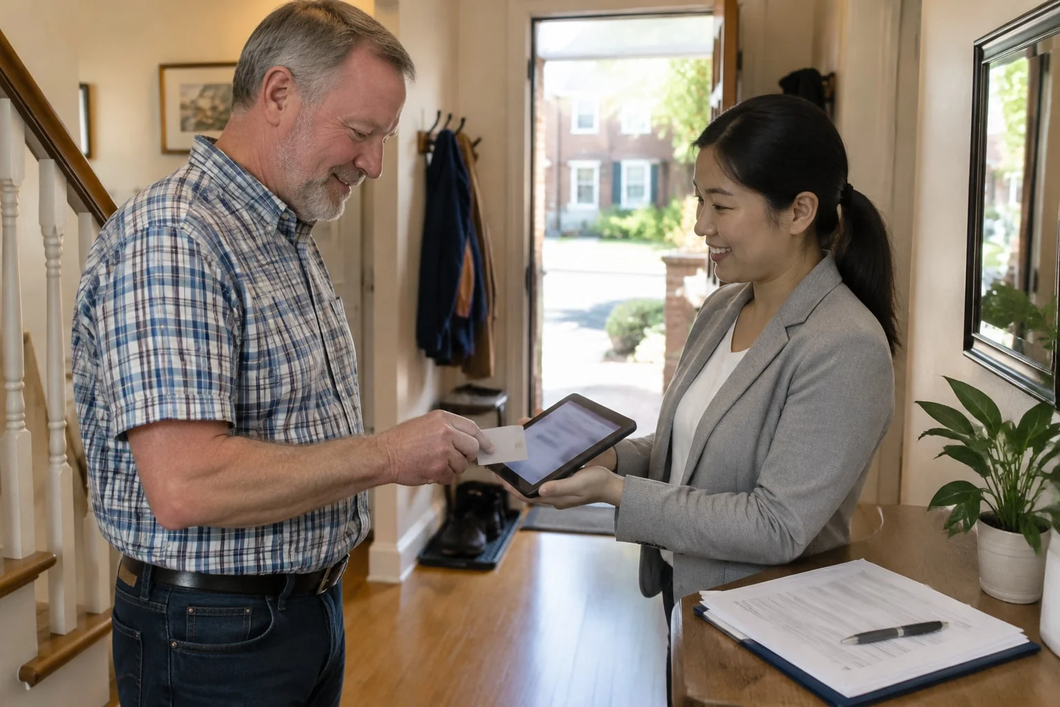 A man taps a bank card on a tablet held by a notary in his front hallway