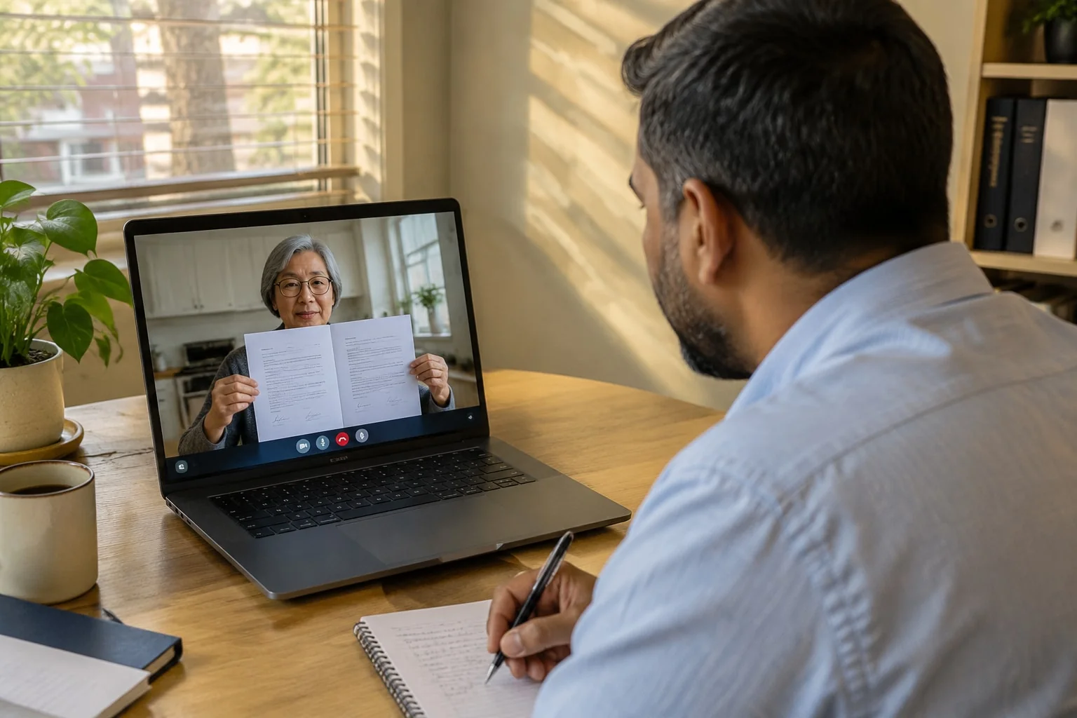 A commissioner on a video call watches a client hold her signed affidavit up to the camera