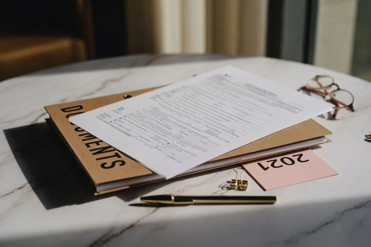 A blank IMM 5409 form on a desk beside two passports, a pen, and a notary seal