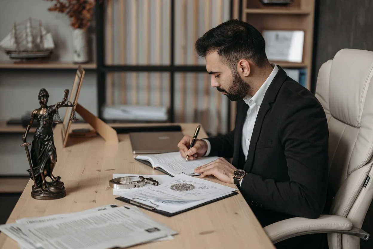 Couple at a kitchen table reviewing IMM 5409 form alongside a lease, joint bills, and a Canadian passport