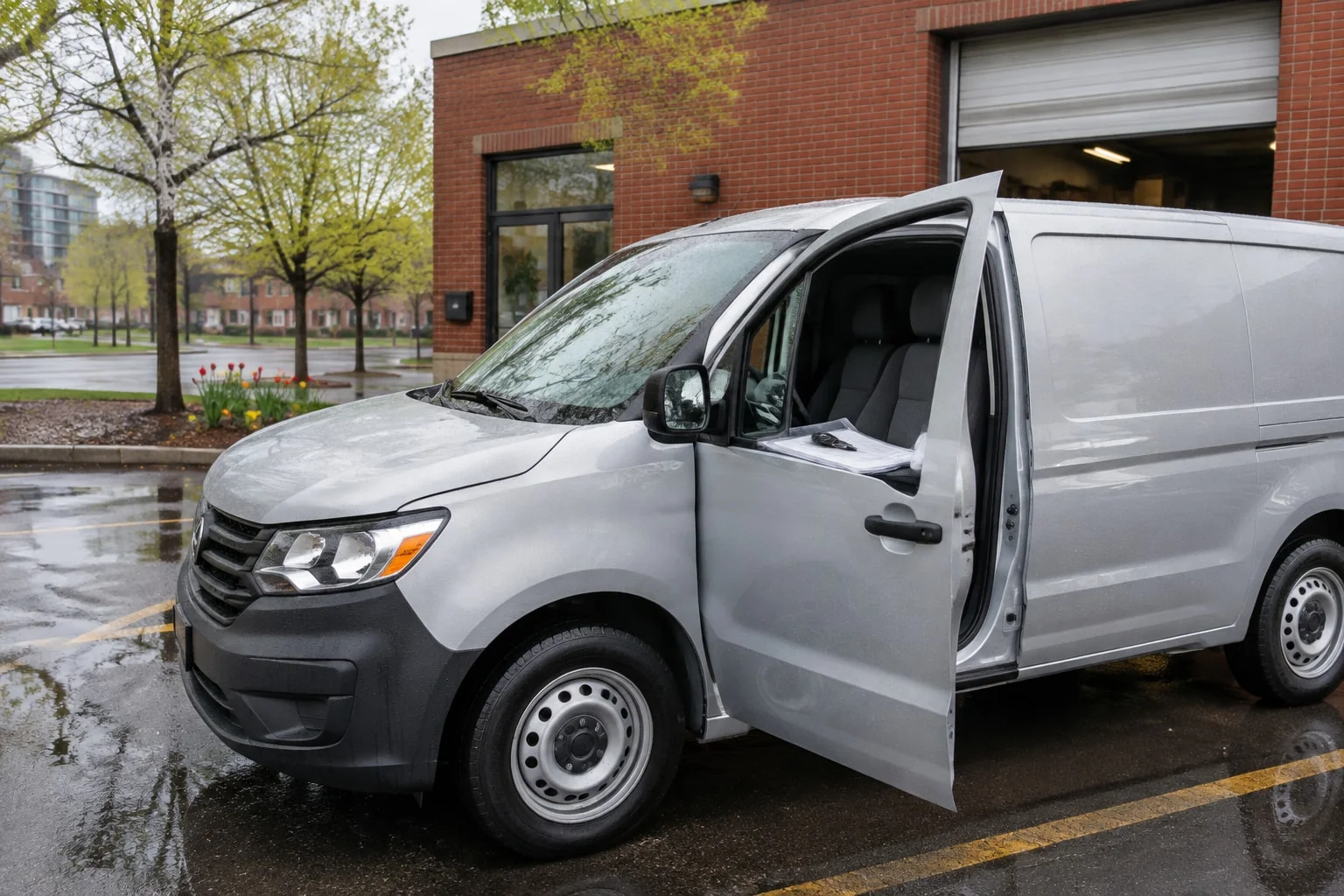 Company cargo van with its keys, vehicle permit and sworn RIN letter on the driver's seat on a rainy spring day