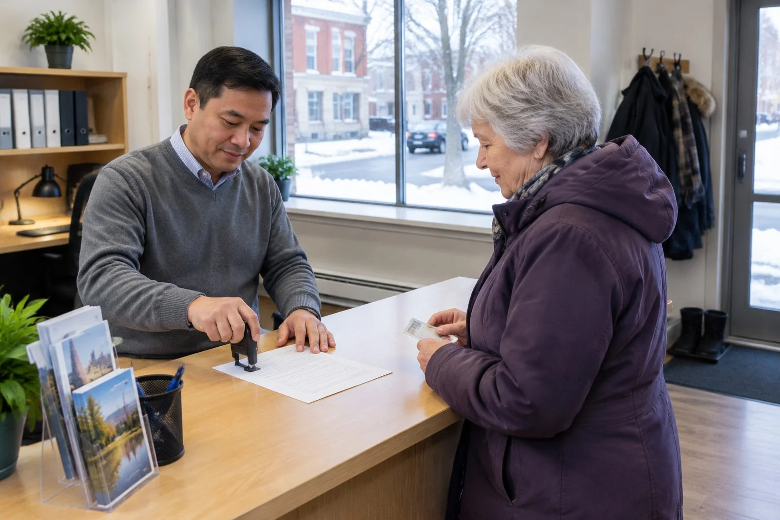 A constituency office staff member stamps a form at the front counter while a woman holds her ID