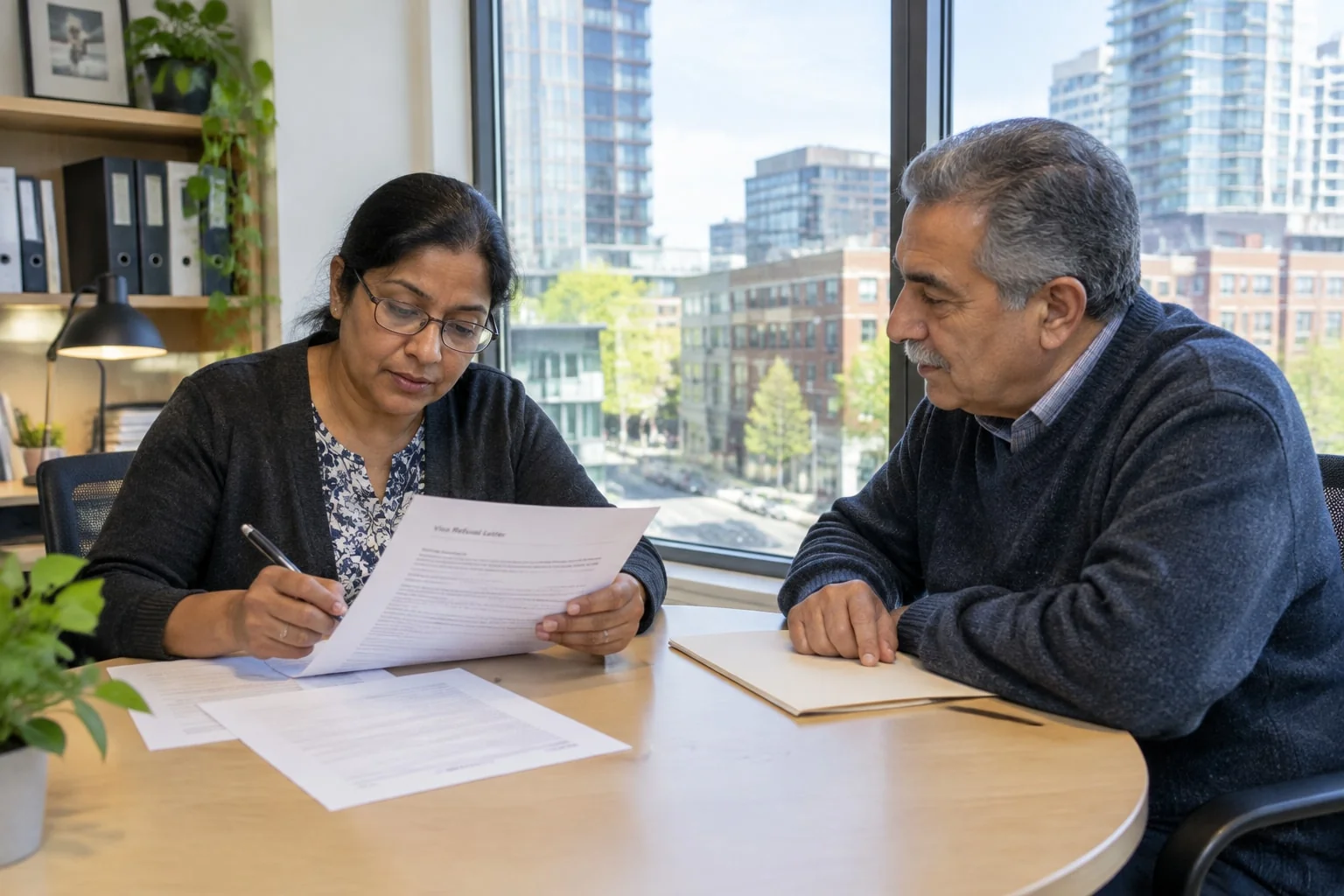 Immigration consultant reviewing a visa refusal letter with a host before any notarization is booked