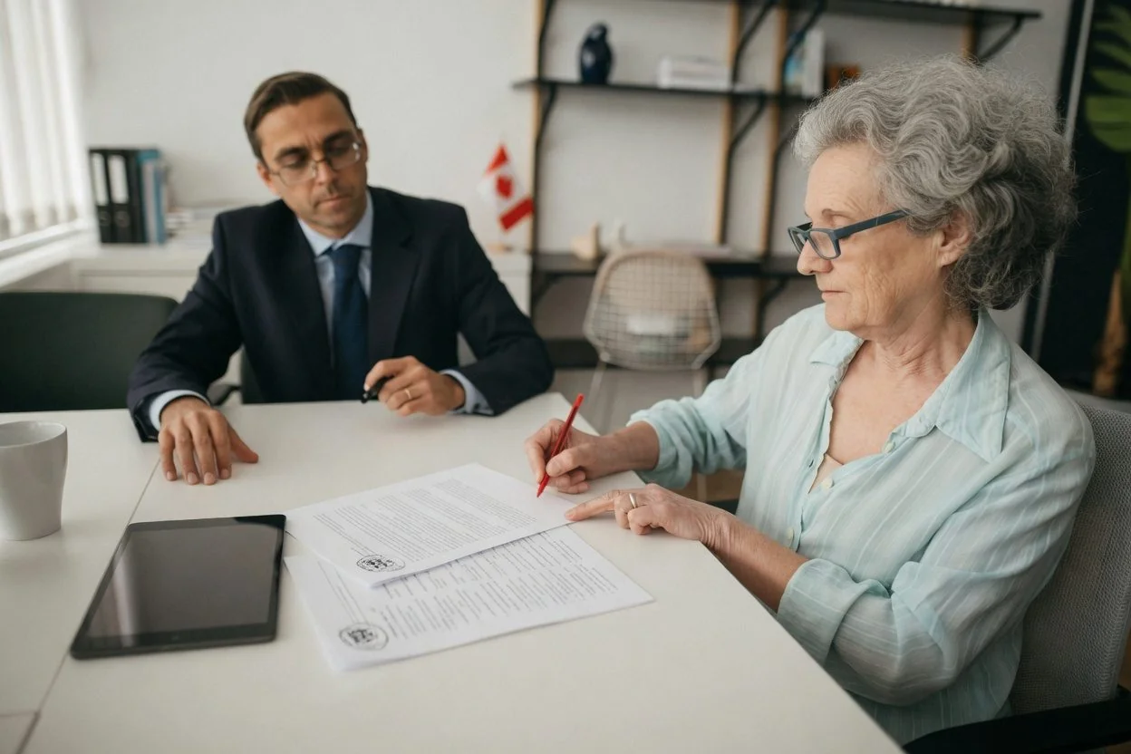 Mobile notary witnessing a continuing power of attorney for property at an Ottawa condo dining table, with two qualified witnesses present