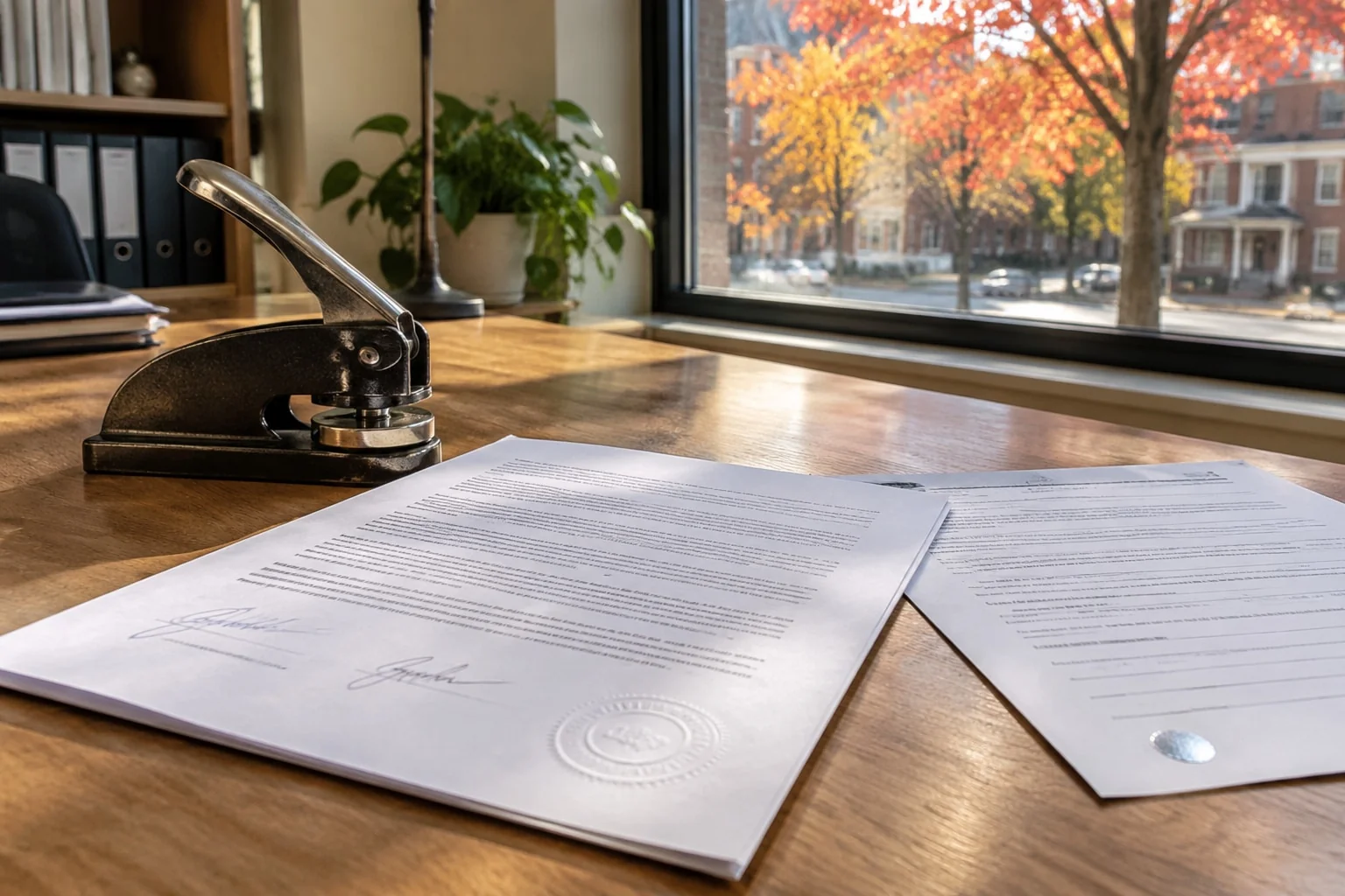 A metal corporate seal embosser beside a contract signature page with a colourless raised circle, and a one-page form with a small foil sticker in its corner, in autumn afternoon light