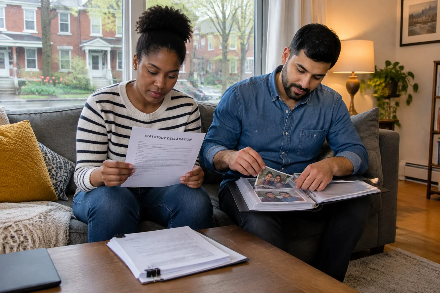 Couple on their sofa assembling a common-law sponsorship file: the declaration, lease, joint bills and photos