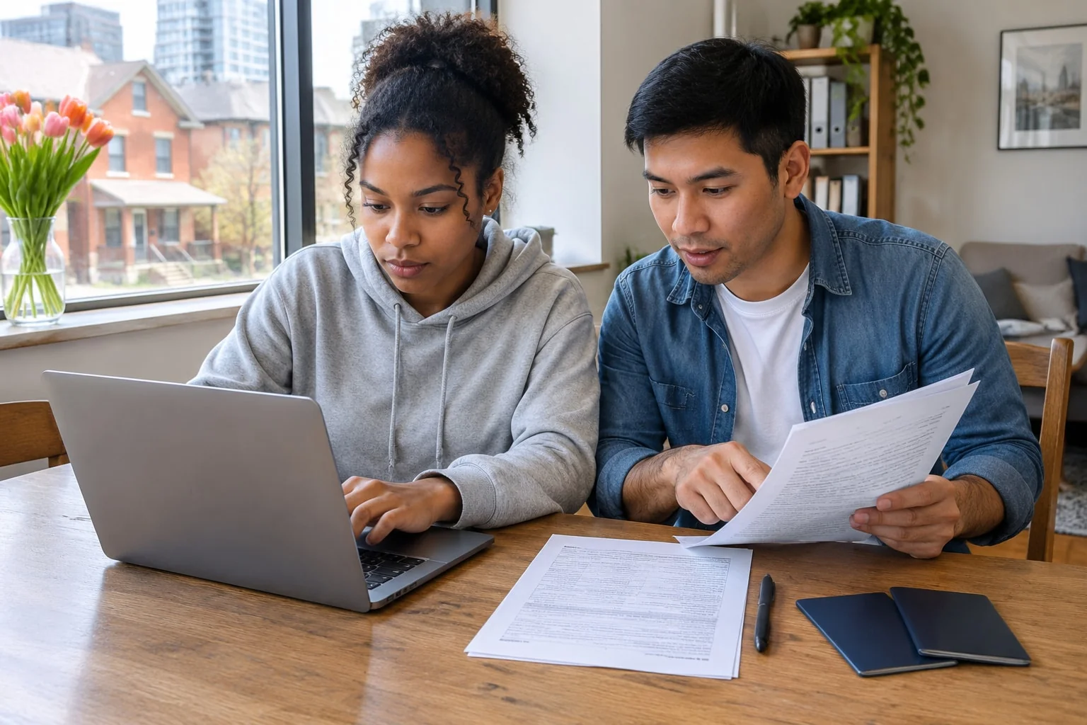 A couple at their dining table in spring, one typing into a one-page form on a laptop while the other reads a date from a printed lease, two closed passports beside them