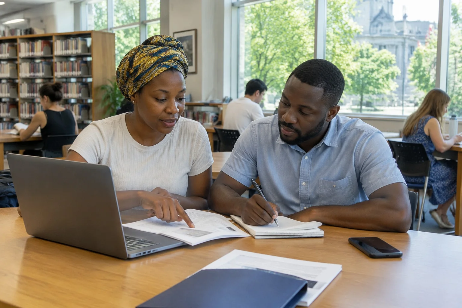 Couple at a public library comparing Canadian immigration application types on a laptop