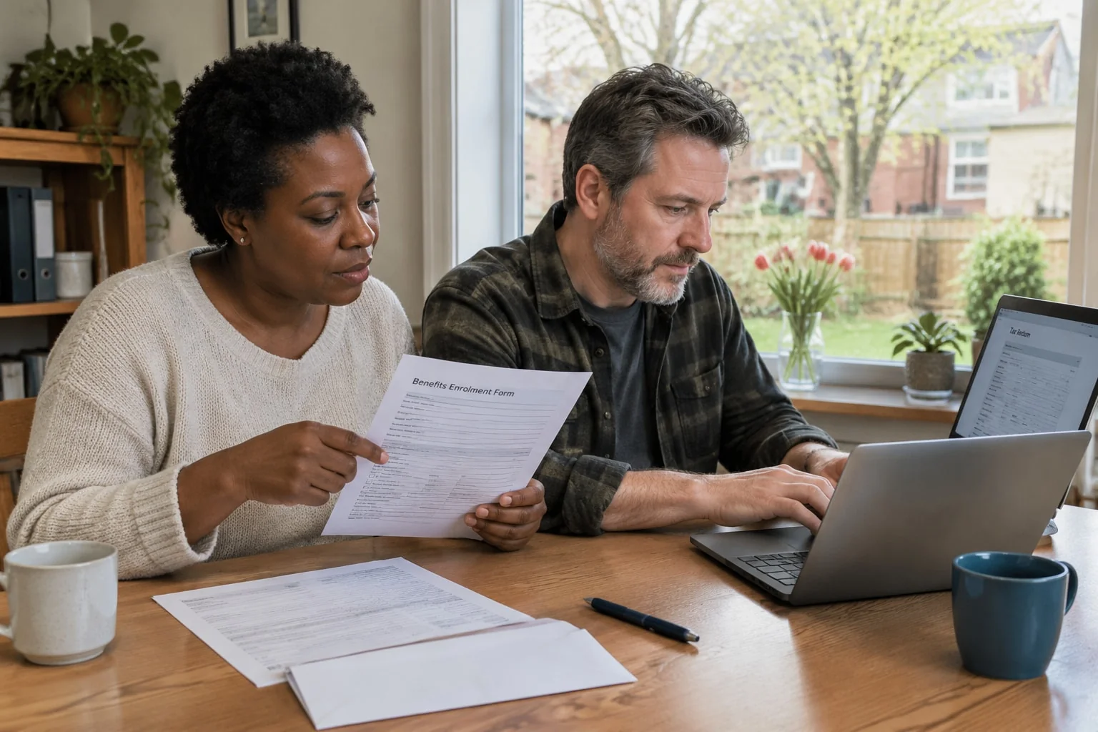 Couple compares a tax form and a benefits form at the kitchen table, each asking about marital status