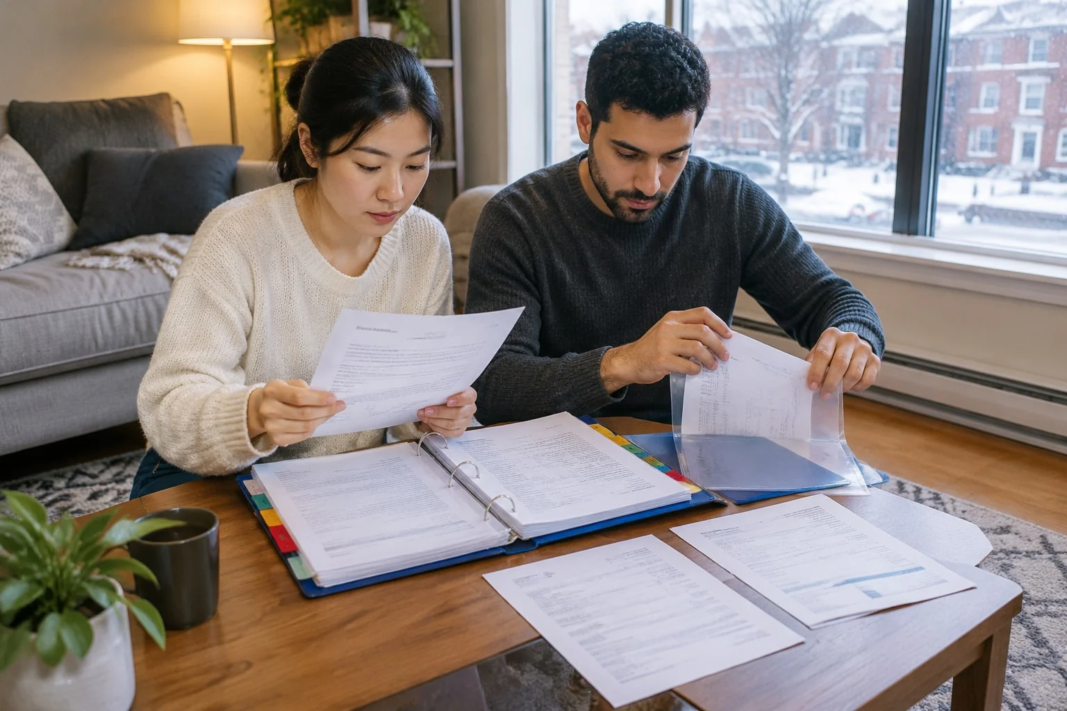 Couple files a joint lease and shared bills into a binder to prove common law in Ontario