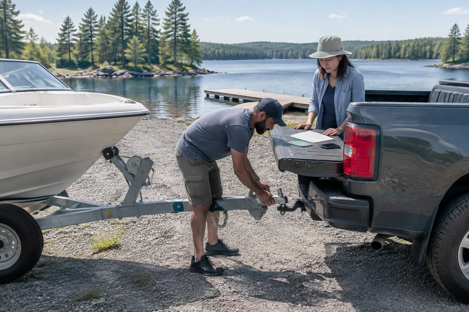 Couple hitches a boat trailer to the back of their pickup truck at a launch ramp, the trailer's permit and bill of sale on the lowered tailgate