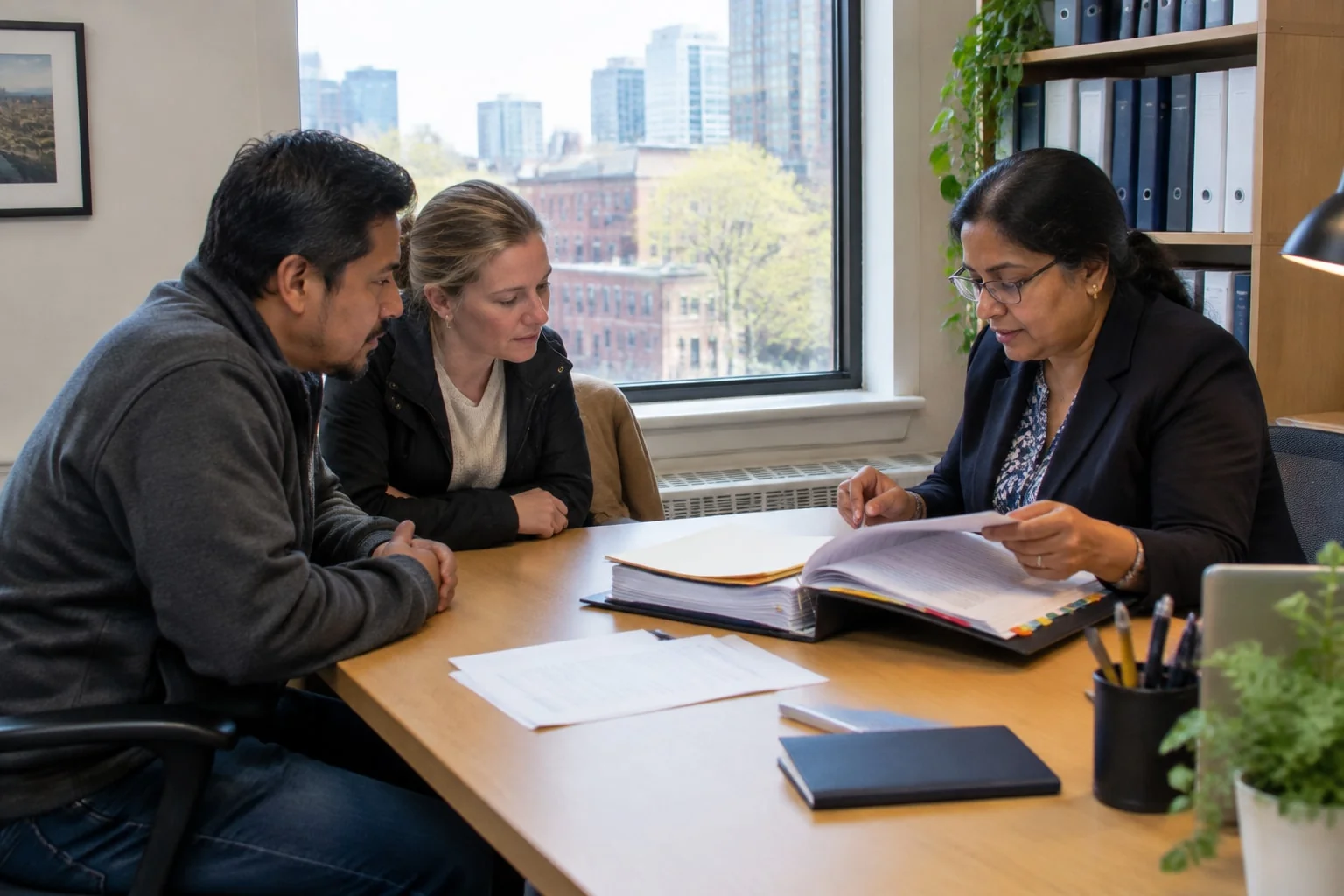 Couple reviewing a thick binder of sponsorship evidence with an immigration consultant, sworn declaration on top