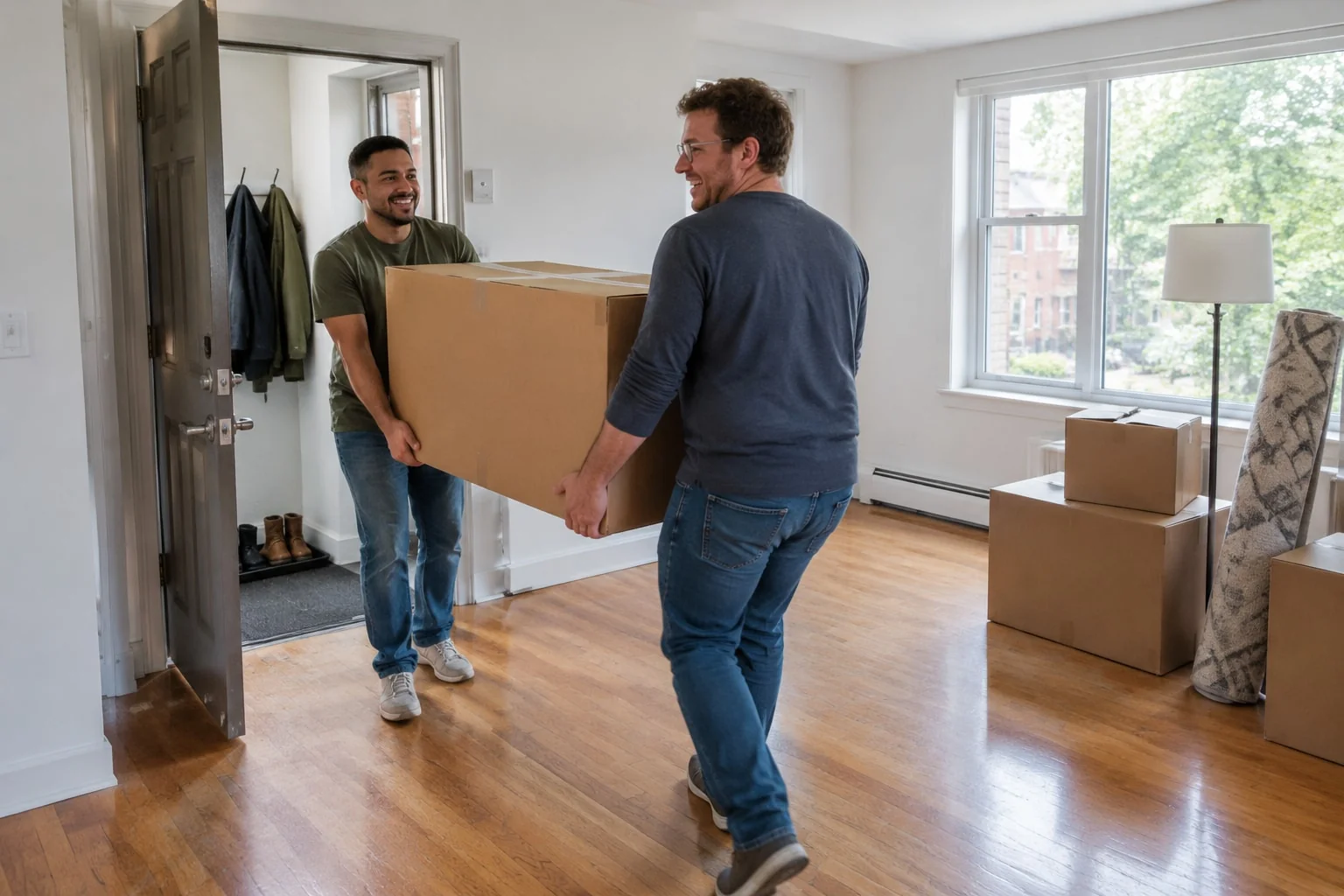 Couple carrying boxes into their first shared apartment; living together is the basis of common-law status