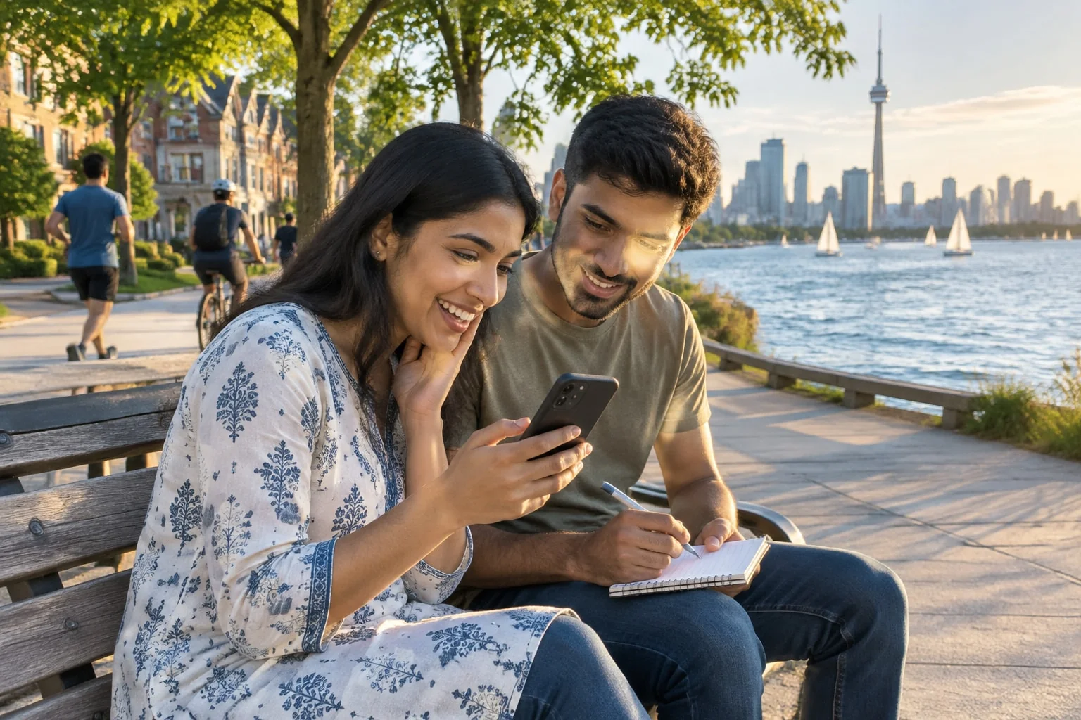 Couple reads their Express Entry invitation to apply on a phone and starts a document list on a lakefront bench
