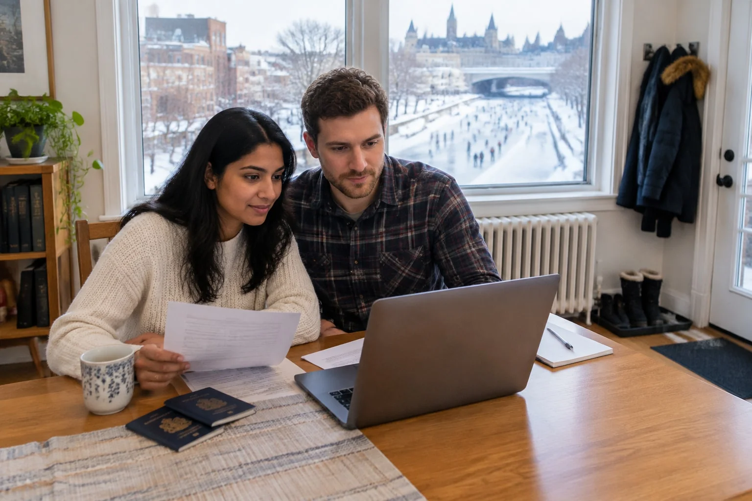 Couple in their Ottawa apartment reading a foreign registry's marriage requirements before swearing a declaration