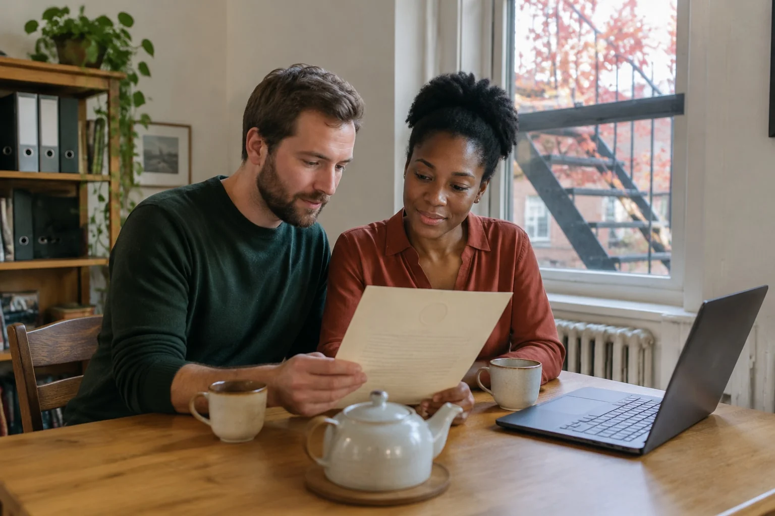 A couple at an apartment table read a letter from a Quebec notaire beside a laptop, afternoon light through a tall window
