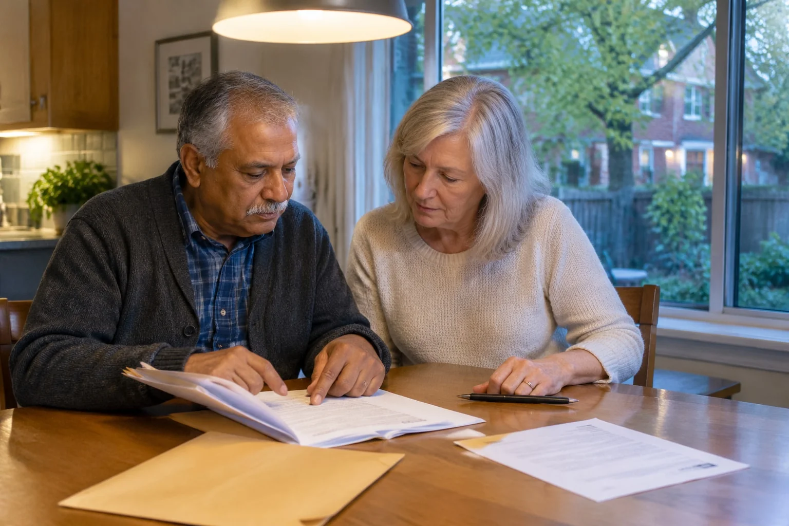 Couple at a kitchen table reads an application for unlocking a LIRA in Ontario, a pen beside the spouse consent page