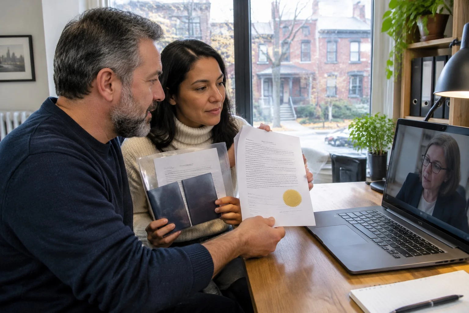 Couple shows the notary an original divorce order on a video call before swearing their single status declarations