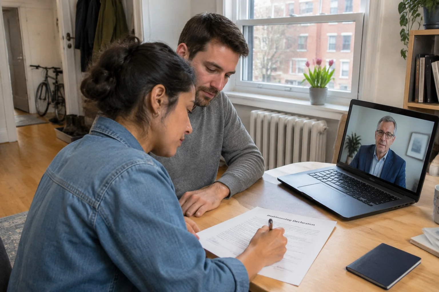 Couple signs their relationship declaration for a sponsorship file before a neutral notary on a video call