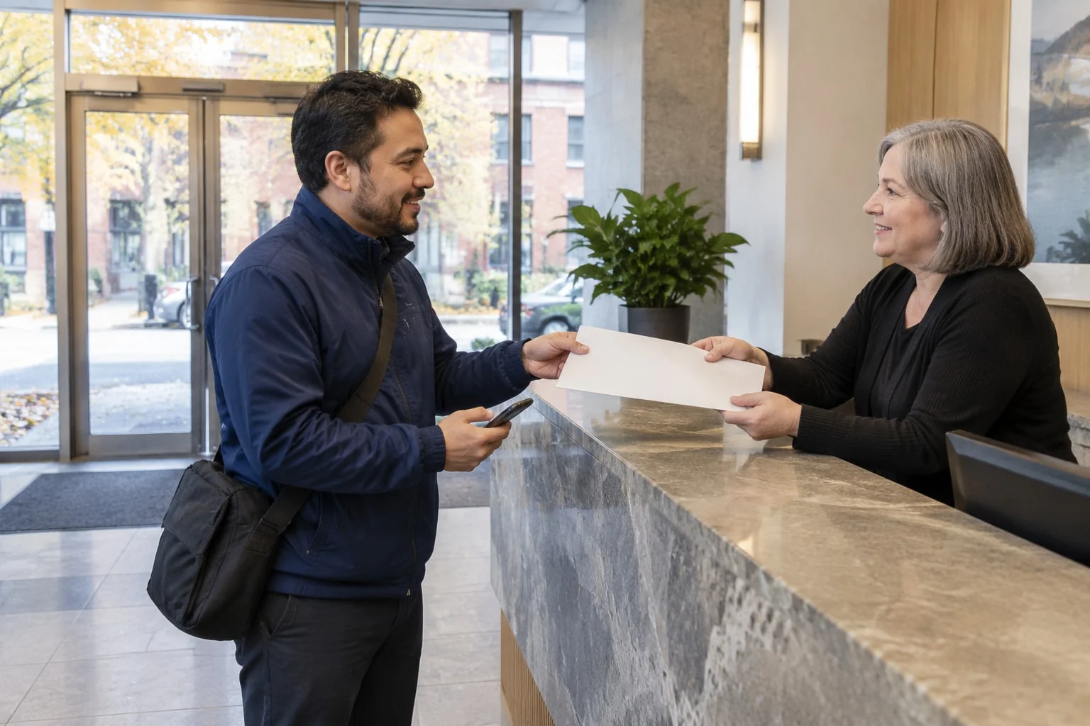 A courier collects a large document envelope from a concierge at a condo front desk