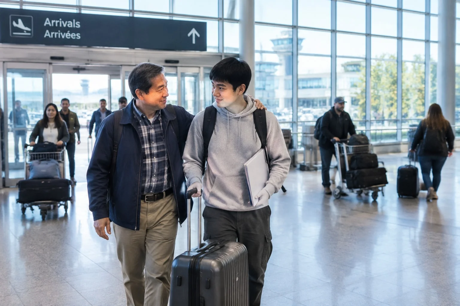 Canadian custodian greets a 16-year-old international student at an Ontario airport arrivals hall