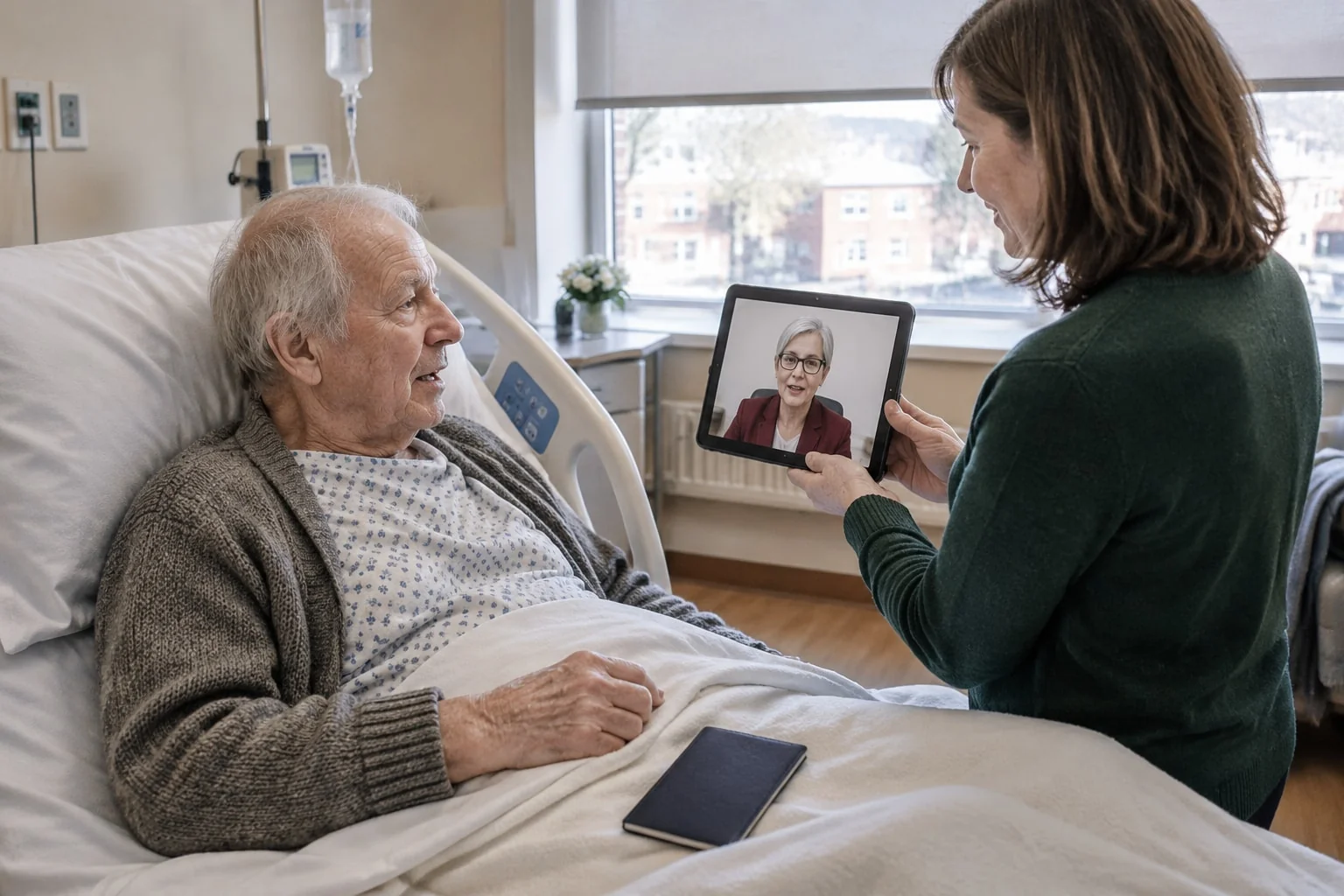 An adult daughter holds a tablet steady for her father in a hospital bed while a notary on the screen speaks with him